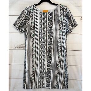 Roberta Freymann Women White Black Embroidered Cotton Shift Dress Short Sleeve S